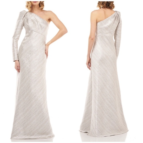Kay Unger Metallic Stripe One Shoulder Gown 4 NEW - Picture 4 of 12